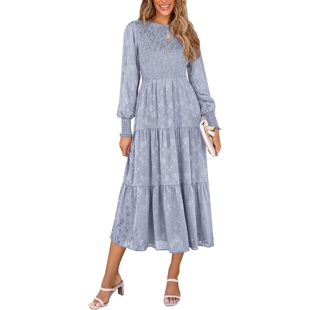 Women's Floral Midi Dress Long Sleeve Smocked Pockets Fall Spring